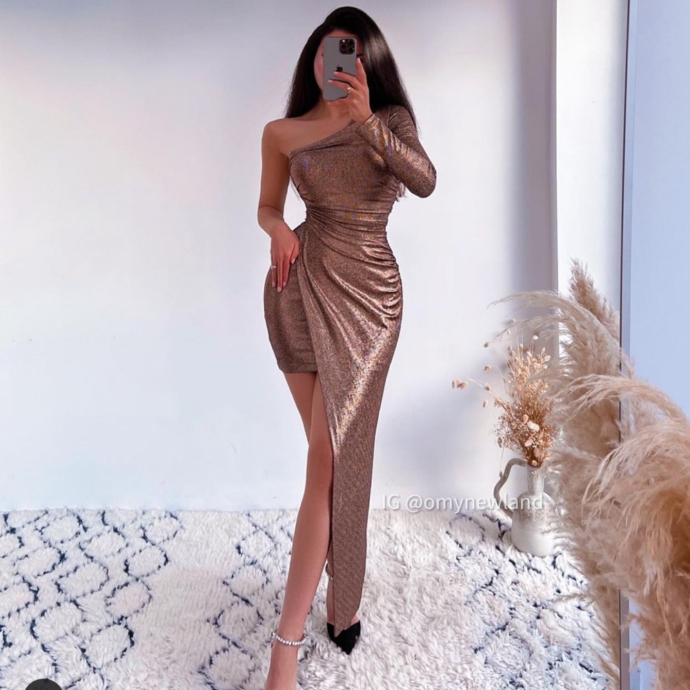 Zara Sparkly Draped One Shoulder Asymmetric Fitted Midi Dress Size L